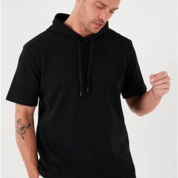 Erkek Kapüşonlu Tişört Kısa Kol Düz Oversize T-shirt - Siyah