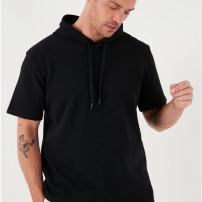 Erkek Kapüşonlu Tişört Kısa Kol Düz Oversize T-shirt - Siyah