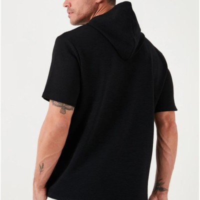 Erkek Kapüşonlu Tişört Kısa Kol Düz Oversize T-shirt - Siyah