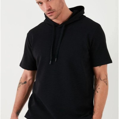 Erkek Kapüşonlu Tişört Kısa Kol Düz Oversize T-shirt - Siyah