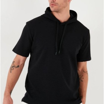 Erkek Kapüşonlu Tişört Kısa Kol Düz Oversize T-shirt - Siyah