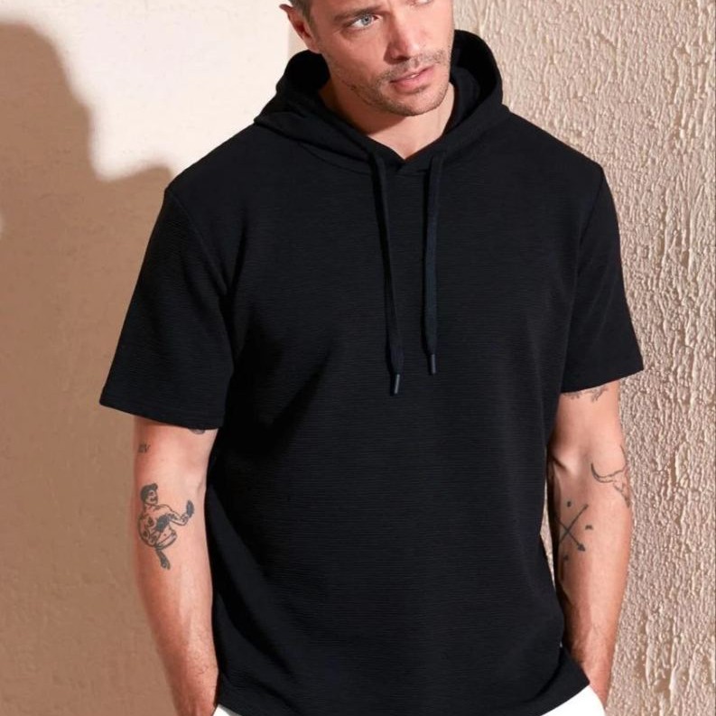 Erkek Kapüşonlu Tişört Kısa Kol Düz Oversize T-shirt - Siyah