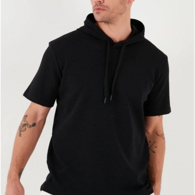 Erkek Kapüşonlu Tişört Kısa Kol Düz Oversize T-shirt - Siyah
