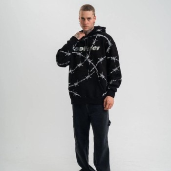 ERKEK Kapüşonlu Varak ve Pano Baskılı Hoodie  SweatShirt- Siyah