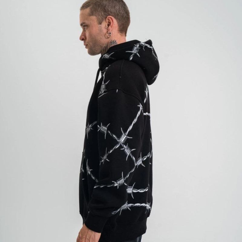 ERKEK Kapüşonlu Varak ve Pano Baskılı Hoodie  SweatShirt- Siyah