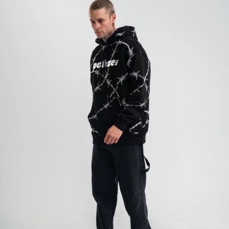 ERKEK Kapüşonlu Varak ve Pano Baskılı Hoodie  SweatShirt- Siyah