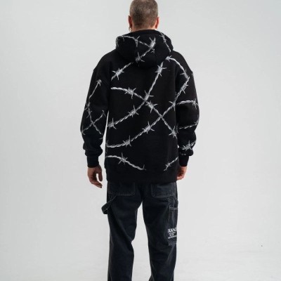 ERKEK Kapüşonlu Varak ve Pano Baskılı Hoodie  SweatShirt- Siyah