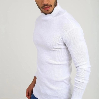 Erkek Kaşkorse Boğazlı Full Likralı Fitilli Body Kazak - Beyaz