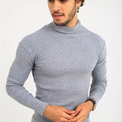 Erkek Kaşkorse Boğazlı Full Likralı Fitilli Body Kazak - Gri