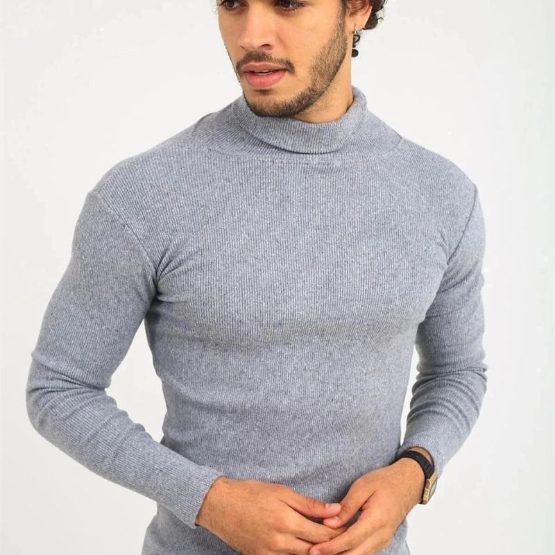 Erkek Kaşkorse Boğazlı Full Likralı Fitilli Body Kazak - Gri