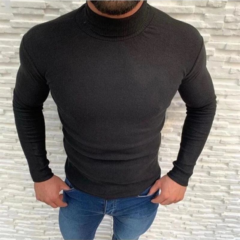Erkek Kaşkorse Boğazlı Full Likralı Fitilli Body Kazak - Siyah