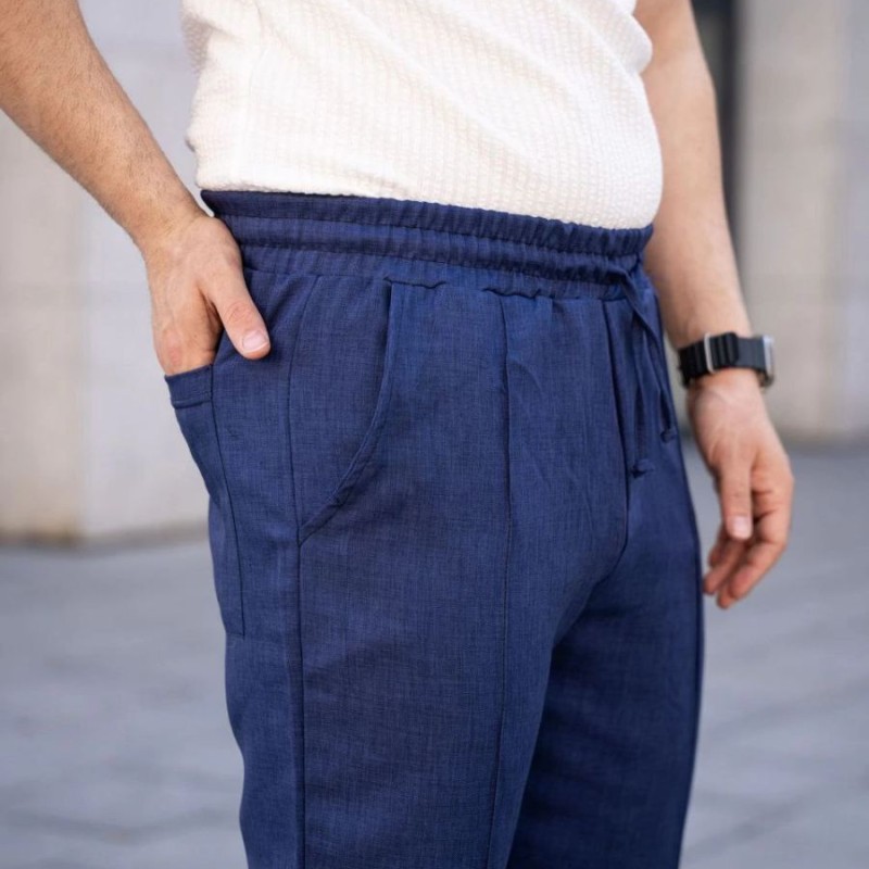 Erkek Keten Cepli Çıma Dikişli jogger Buggy Pantalon Rahat kalıp - Lacivert