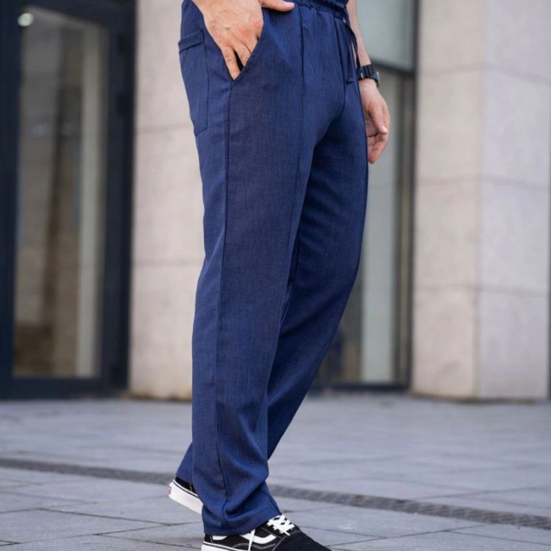 Erkek Keten Cepli Çıma Dikişli jogger Buggy Pantalon Rahat kalıp - Lacivert