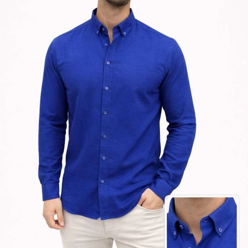Erkek KETEN Kumaş Oversize Uzun Kollu Rahat Kalıp Gömlek - Saks Mavisi