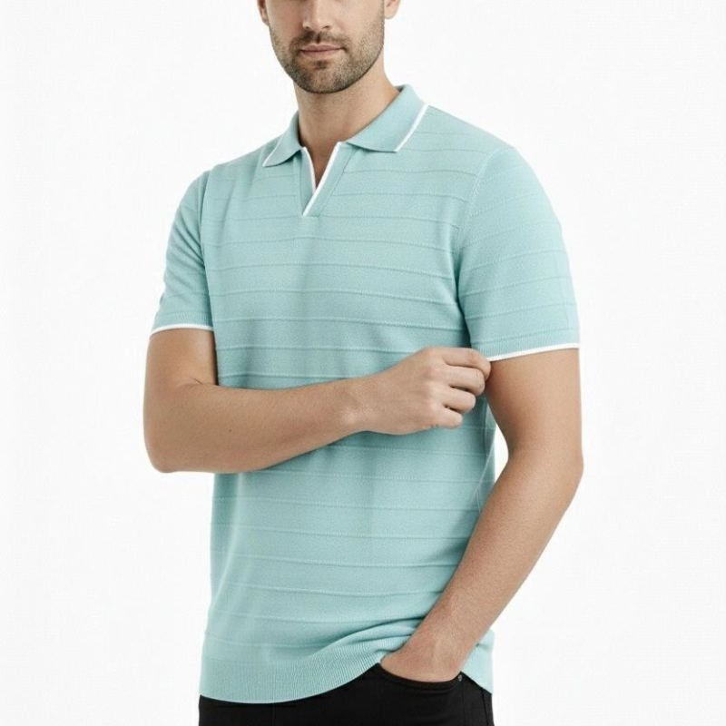 Erkek Kısa kol Fitilli Triko Polo Yaka Düğmesiz T-shirt 2'li Set Beyaz-Mint Yeşili