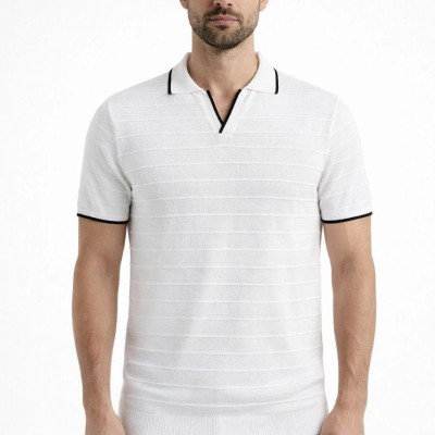 Erkek Kısa kol Fitilli Triko Polo Yaka Düğmesiz T-shirt 2'li Set Beyaz-Mint Yeşili