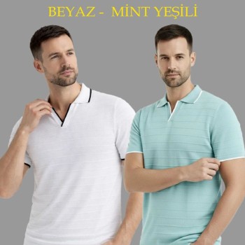 Erkek Kısa kol Fitilli Triko Polo Yaka Düğmesiz T-shirt 2'li Set Beyaz-Mint Yeşili