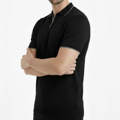 Erkek Kısa kol Fitilli Triko Polo Yaka Düğmesiz T-shirt 2'li Set Beyaz-Siyah