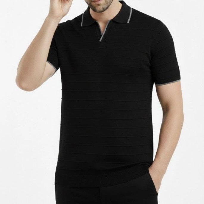 Erkek Kısa kol Fitilli Triko Polo Yaka Düğmesiz T-shirt 2'li Set Beyaz-Siyah