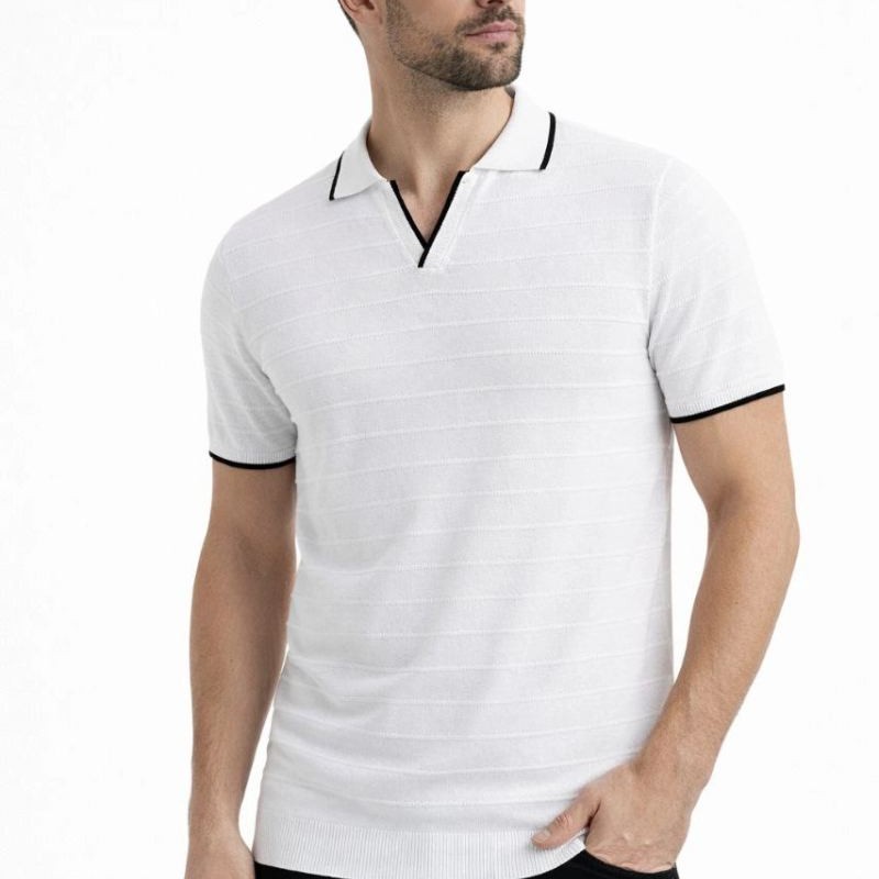 Erkek Kısa kol Fitilli Triko Polo Yaka Düğmesiz T-shirt 2'li Set Beyaz-Siyah