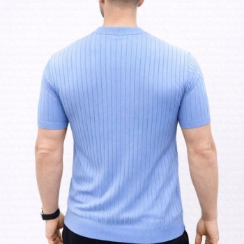Erkek Kısa Kol Fitilli Triko T-Shirt Yazlık Hakim Yaka Tişört - Bebek Mavisi