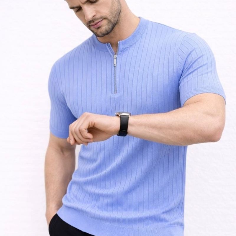 Erkek Kısa Kol Fitilli Triko T-Shirt Yazlık Hakim Yaka Tişört - Bebek Mavisi