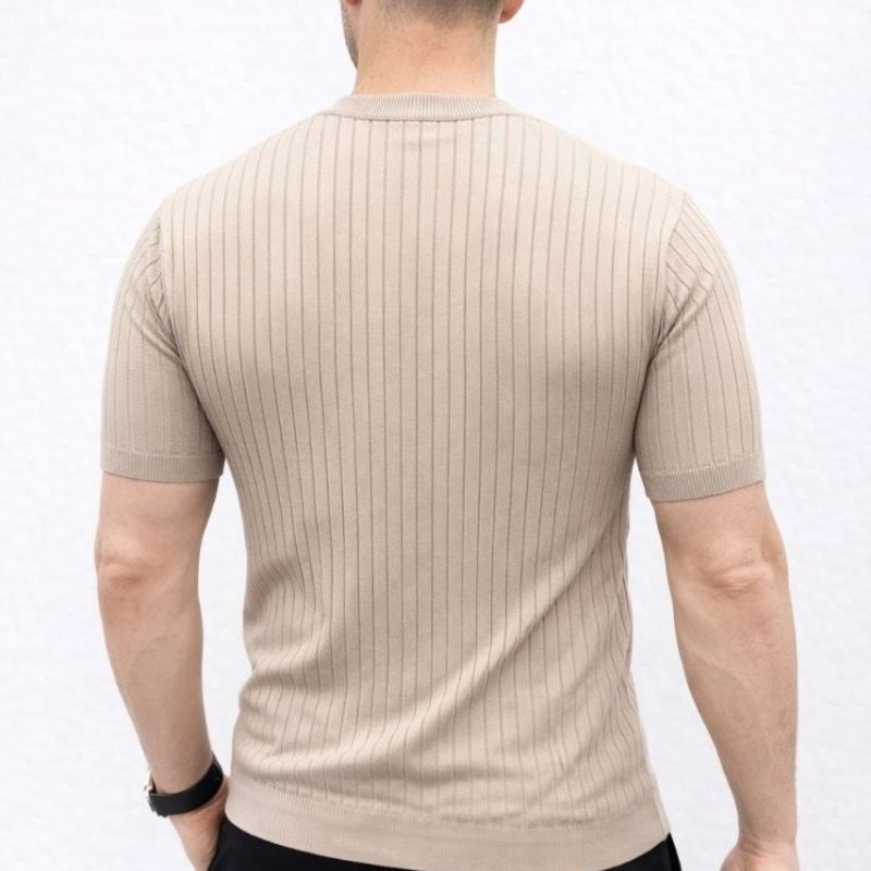 Erkek Kısa Kol Fitilli Triko T-Shirt Yazlık Hakim Yaka Tişört - Bej