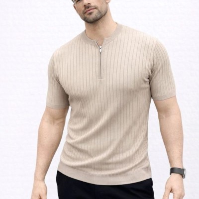 Erkek Kısa Kol Fitilli Triko T-Shirt Yazlık Hakim Yaka Tişört - Bej