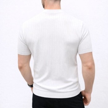 Erkek Kısa Kol Fitilli Triko T-Shirt Yazlık Hakim Yaka Tişört - Beyaz
