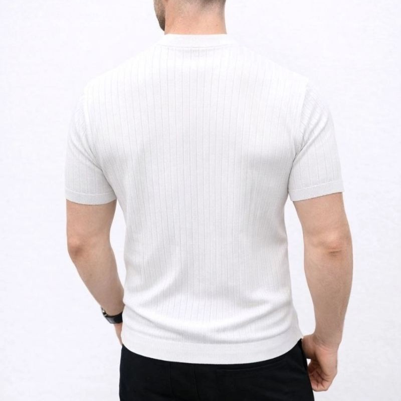 Erkek Kısa Kol Fitilli Triko T-Shirt Yazlık Hakim Yaka Tişört - Beyaz