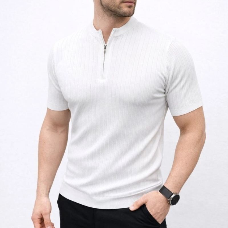 Erkek Kısa Kol Fitilli Triko T-Shirt Yazlık Hakim Yaka Tişört - Beyaz