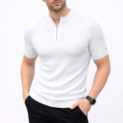 Erkek Kısa Kol Fitilli Triko T-Shirt Yazlık Hakim Yaka Tişört - Beyaz