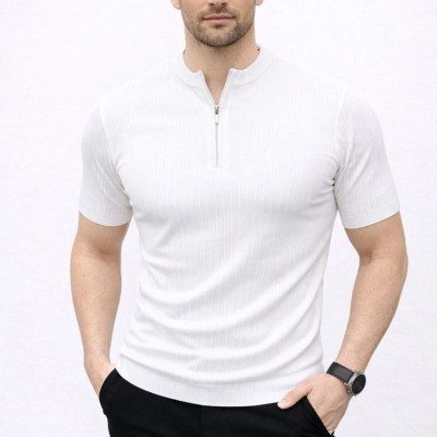 Erkek Kısa Kol Fitilli Triko T-Shirt Yazlık Hakim Yaka Tişört - Beyaz