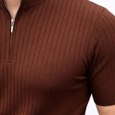 Erkek Kısa Kol Fitilli Triko T-Shirt Yazlık Hakim Yaka Tişört - Kahverengi
