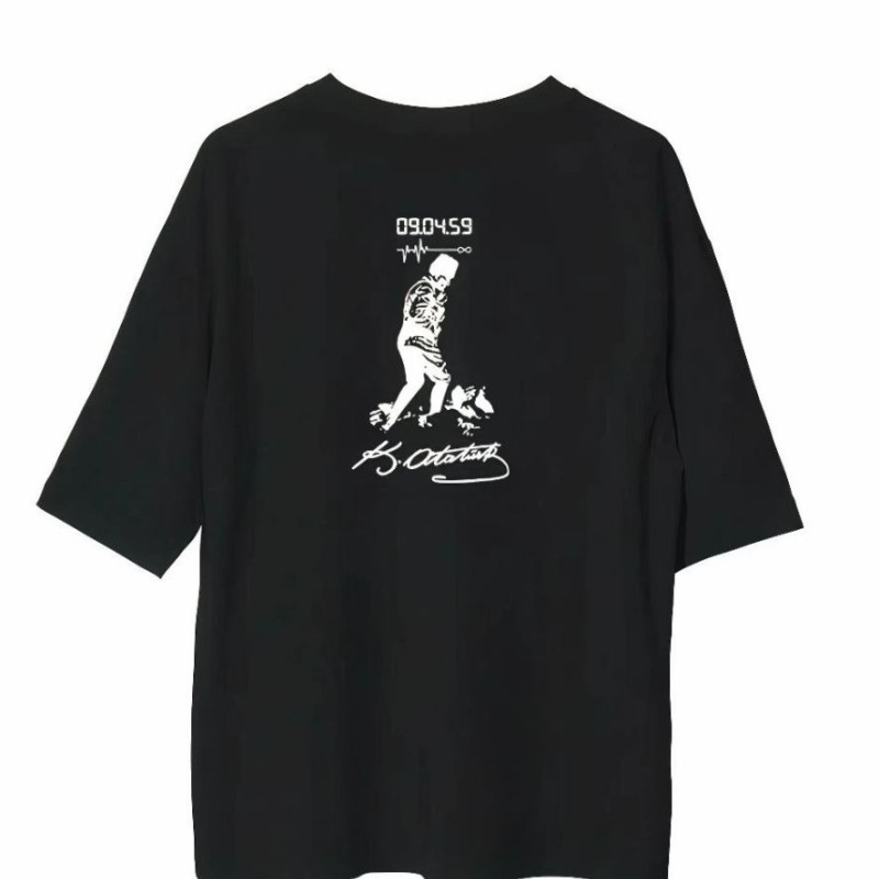 Erkek Kısa Kol Tişört Bisiklet Yaka ATATÜRK Baskılı T-Shirt - Siyah
