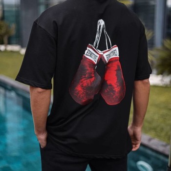 Erkek Kısa Kol Tişört Bisiklet Yaka Box Eldiven Baskılı T-Shirt -  Siyah