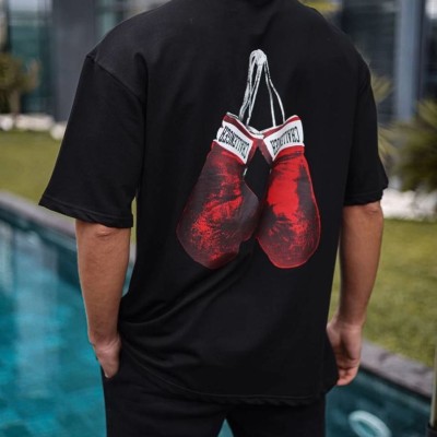 Erkek Kısa Kol Tişört Bisiklet Yaka Box Eldiven Baskılı T-Shirt -  Siyah