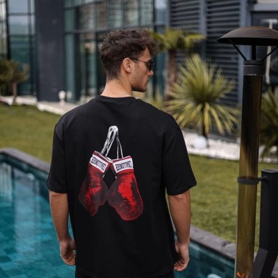 Erkek Kısa Kol Tişört Bisiklet Yaka Box Eldiven Baskılı T-Shirt -  Siyah