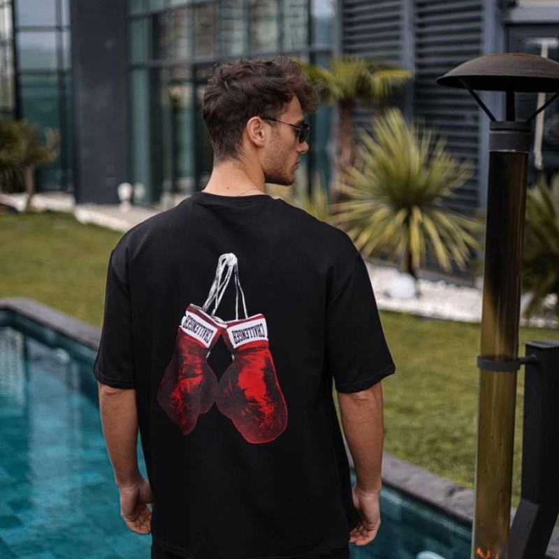 Erkek Kısa Kol Tişört Bisiklet Yaka Box Eldiven Baskılı T-Shirt -  Siyah