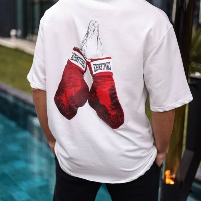 Erkek Kısa Kol Tişört Bisiklet Yaka Boxy Eldiven Baskılı T-Shirt - Beyaz
