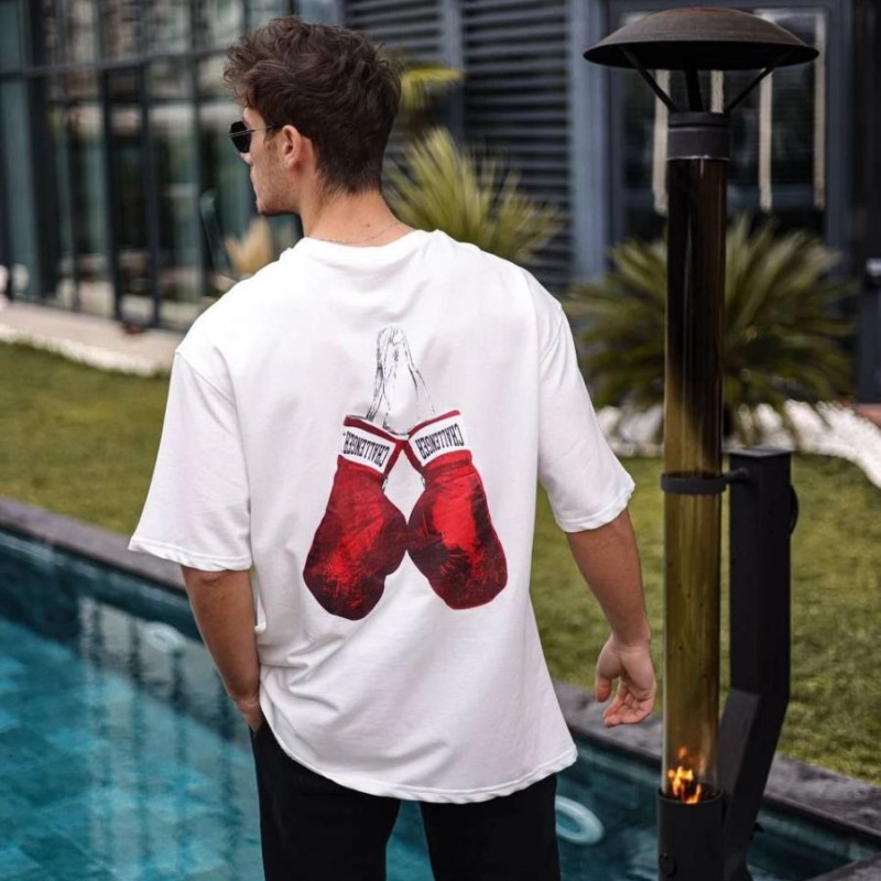 Erkek Kısa Kol Tişört Bisiklet Yaka Boxy Eldiven Baskılı T-Shirt - Beyaz