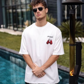 Erkek Kısa Kol Tişört Bisiklet Yaka Boxy Eldiven Baskılı T-Shirt - Beyaz