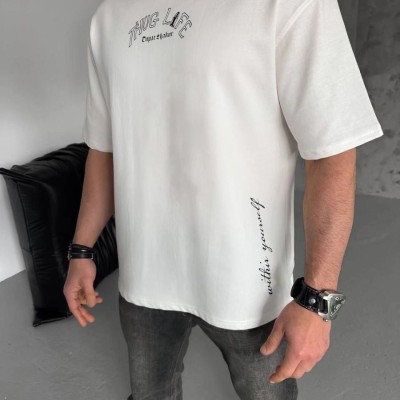 Erkek Kısa Kol Tişört Bisiklet Yaka Filistin Poşulu Baskılı T-Shirt - Beyaz