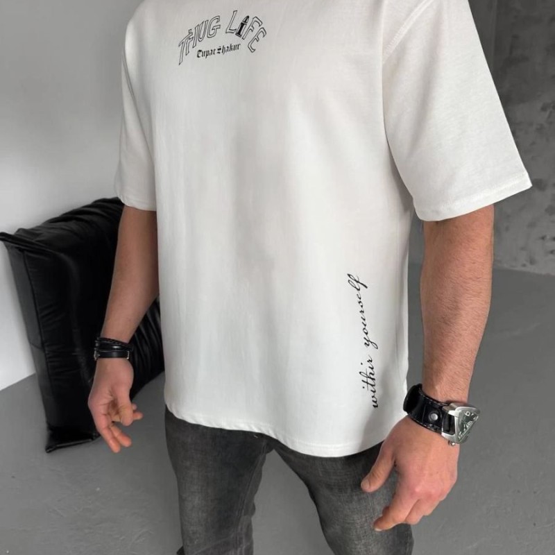 Erkek Kısa Kol Tişört Bisiklet Yaka Filistin Poşulu Baskılı T-Shirt - Beyaz