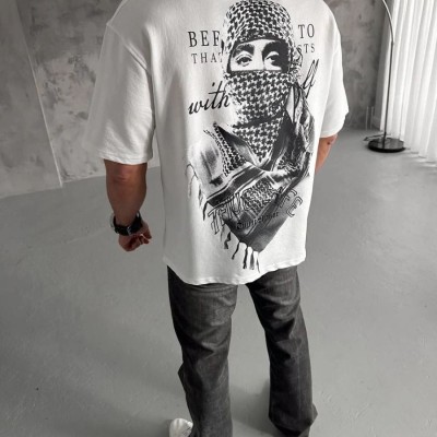 Erkek Kısa Kol Tişört Bisiklet Yaka Filistin Poşulu Baskılı T-Shirt - Beyaz