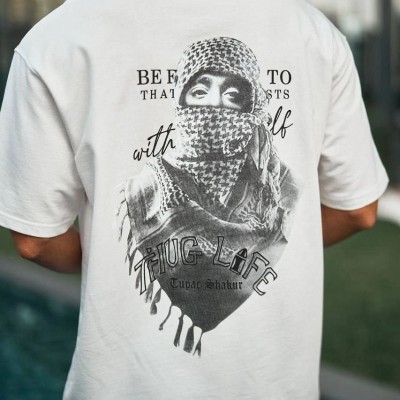 Erkek Kısa Kol Tişört Bisiklet Yaka Filistin Poşulu Baskılı T-Shirt - Beyaz