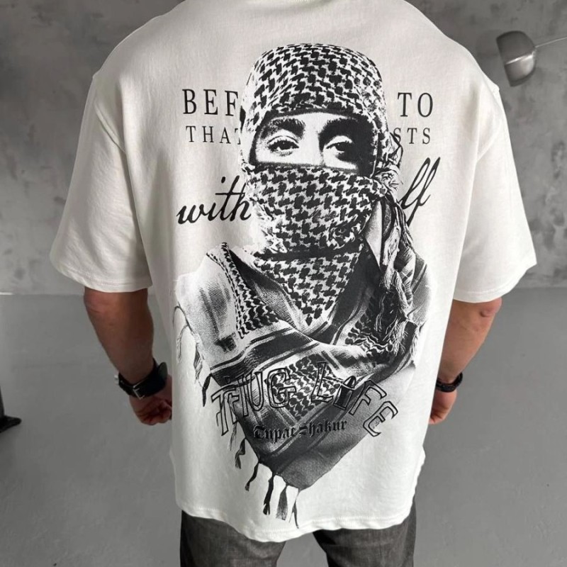 Erkek Kısa Kol Tişört Bisiklet Yaka Filistin Poşulu Baskılı T-Shirt - Beyaz