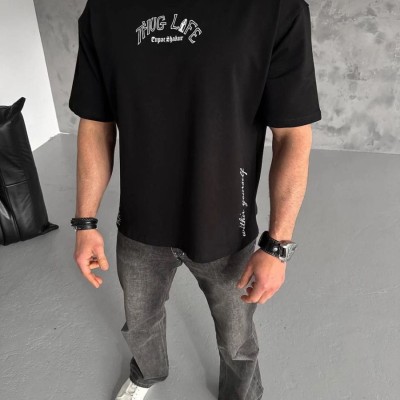 Erkek Kısa Kol Tişört Bisiklet Yaka Filistin Poşulu Baskılı T-Shirt - Siyah