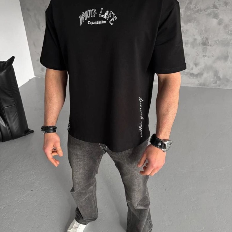 Erkek Kısa Kol Tişört Bisiklet Yaka Filistin Poşulu Baskılı T-Shirt - Siyah