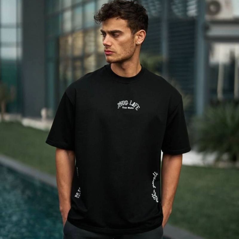 Erkek Kısa Kol Tişört Bisiklet Yaka Filistin Poşulu Baskılı T-Shirt - Siyah